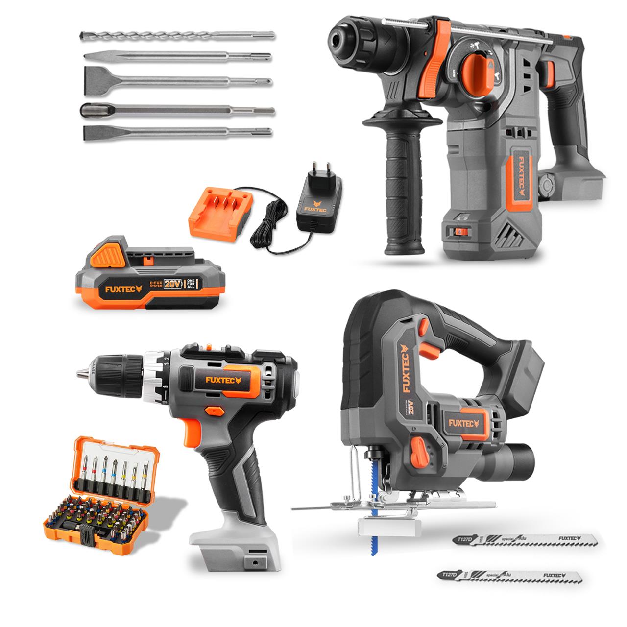 Sada 20V akumulátorového náradí PowerTool s prímocarou pilou, akumulátorovým šroubovákem a príklepovou vrtackou