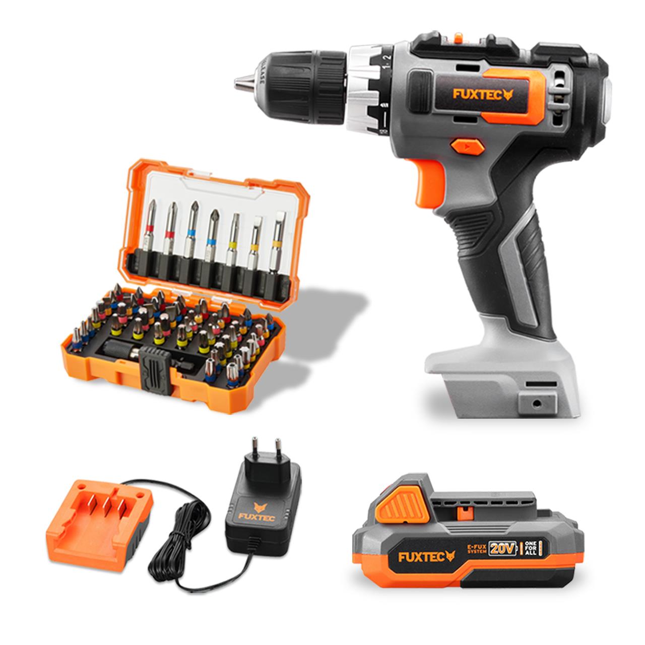 20V akumulátorový šroubovák FX-E1BS20 a sada bitu