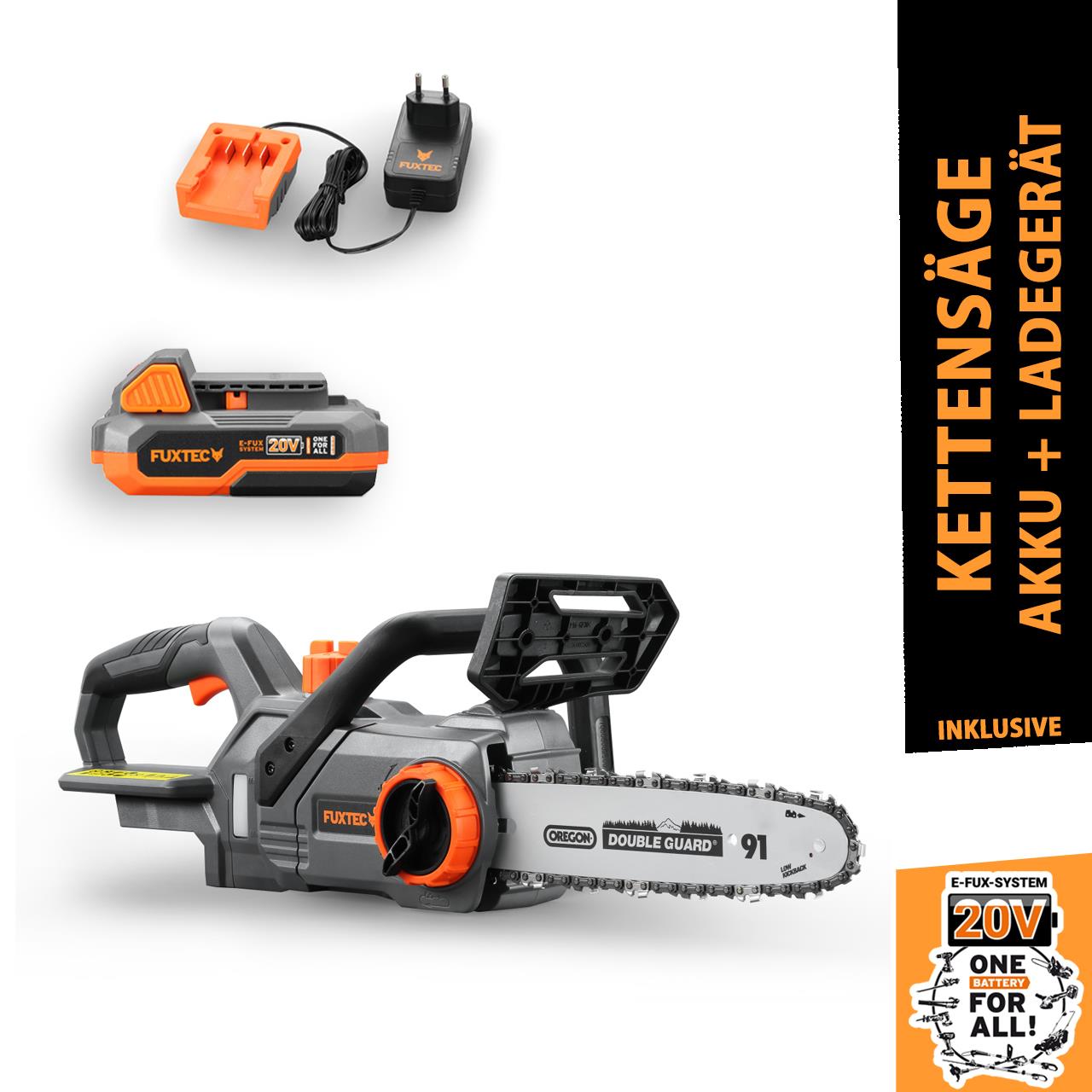 Akumulátorová retezová pila FUXTEC 20V FX-E1KS20 SET 1 s 1 x akumulátorem 2Ah, 1 x nabíjeckou 1A