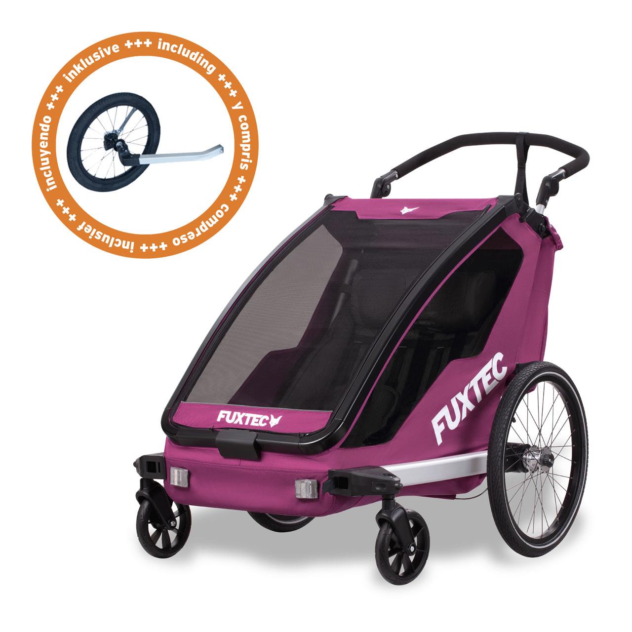 Prívesný vozík za jízdní kolo FUXTEC FX-FA1-SET-PURPUR s koleckem pro jogger