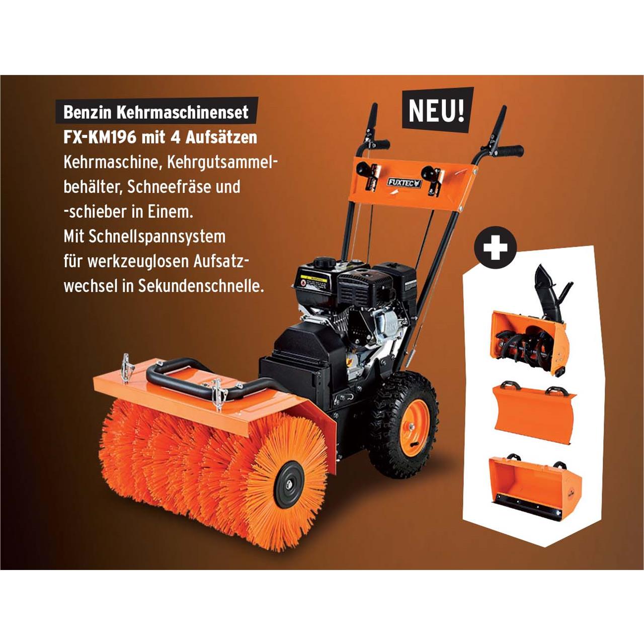 Benzínový zametací stroj FUXTEC FX-KM196-SET1 s nástavcem snehové frézy, snehovou radlicí a sberacem necistot